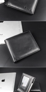 Detailed interior of black leather wallet showing multiple card slots and brand logo