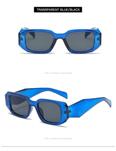 Detailed views of transparent blue geometric sunglasses with dark grey lenses and angular frame