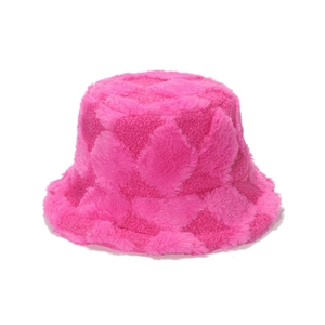 Pink plush bucket hat with diamond pattern texture for winter warmth and fashion