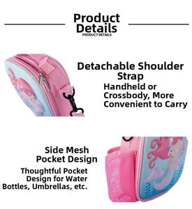 Pink unicorn lunch bag detail with detachable shoulder strap and side mesh pocket