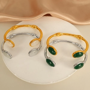 Irregular Wavy Open Bangle Bracelet 18K Gold Plated Stainless Steel With Oval Cat Eye Stone Adjustable Retro Jewelry For Women
