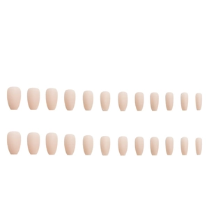 Full set of 24 pieces matte pale pink press-on nails in long coffin shape on white background