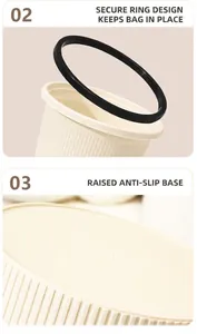 Detalle del cubo de basura crema con anillo negro y textura de fondo antideslizante