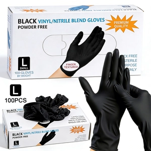 Macro view of finger textured black nitrile blend gloves and the detail of 100pcs packaging