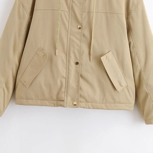 Front view of khaki hooded utility jacket with gold buttons and drawstring details