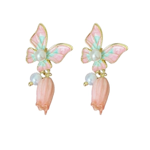 Vintage style butterfly and lily of the valley earrings with pink glaze and pearls
