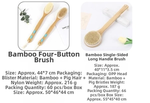 Close-up of bamboo long handle bath brushes with natural boar bristles and massage nodes