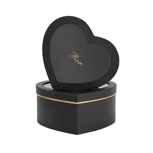 Elegant heart-shaped gift box with clear window and golden rose logo for valentines day