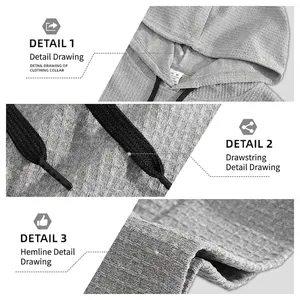 Men's grey waffle knit hoodie t-shirt featuring drawstring hood and ribbed hem details