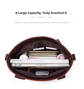 Interior detail view of large leather tote bag with multiple pockets for daily items.