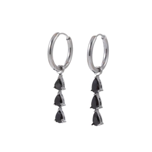 Silver drop earrings with cascading black pear-cut gemstones in a stainless steel setting