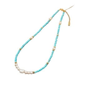 Handmade necklace with turquoise beads, baroque pearls, and gold-plated chain