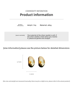 Detailed view of gold bean earrings with dimensions 1.7cm height and silver needle pins