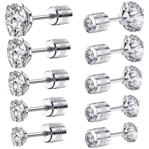 5 pairs set of silver stainless steel stud earrings with round clear zircon stones
