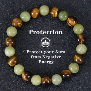 Natural Tiger Eye Stone And Jade Beaded Bracelet Elastic Stretch Protection Energy Jewelry For Men Women Handcrafted