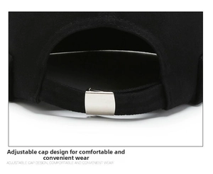 Detail of black cotton docker hat featuring an adjustable back strap with metal buckle