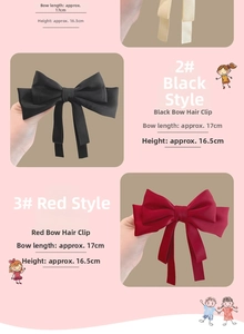 Detailed size view of large satin bow hair clips in black and red showing 17cm length