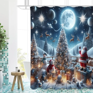 Detail showing high-quality 3D Christmas print of Santa and Snowmen on digital shower curtain