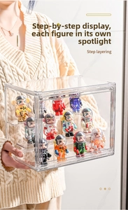Clear acrylic blind box display case with step layering design held by hand