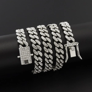 Hip hop style 8mm silver Cuban chain necklace with sparkling rhinestones on black background