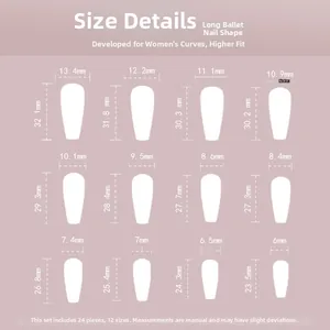 Size chart showing 12 dimensions of purple glitter white French press-on nails