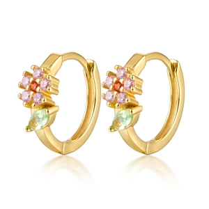 S925 silver hoop earrings with floral zircon design in gold finish on white background