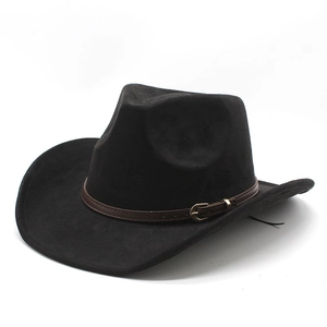 Classic black faux suede western cowboy hat with brown leather band and gold buckle detail