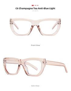 Detail view showing front and side of champagne anti-blue light geometric eyeglasses