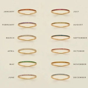 Grid view of twelve colorful birthstone rings with gold bands and sparkling crystals