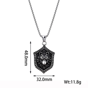 Detailed view showing the dimensions 48mm x 32mm of the Viking wolf shield pendant