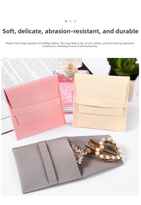 Pink, beige and gray microfiber jewelry pouches with drawstring flap closure and pearl clips