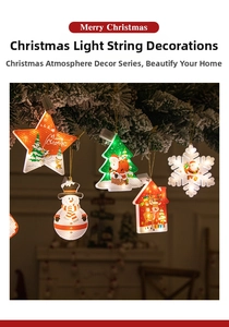 Close-up of LED Christmas hanging lights with stars and trees on snowy branches