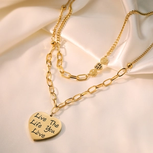 Double-layered gold-plated titanium steel necklace featuring a heart and smile pendant