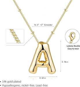 Detail view of 14k gold plated balloon initial A necklace with dimension and material labels