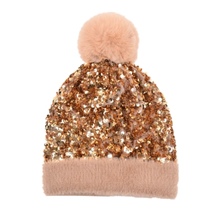 Winter sequined knit beanie hat with faux fur pompom and lining in golden pink color