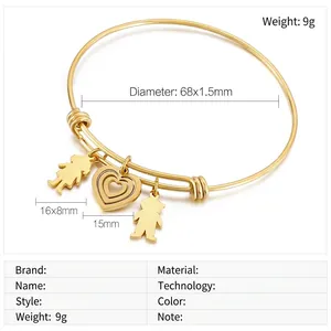 Detail view of gold stainless steel bangle with boy, girl, and heart-shaped charms