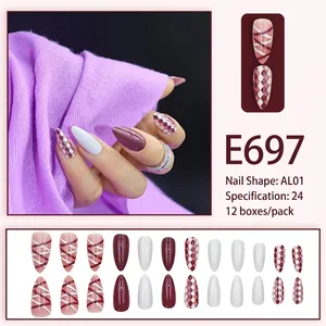 24pcs long almond press-on nails in deep red and white checkerboard patterns