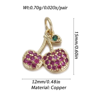 Detailed dimensions of 14k gold-plated cherry pendant with red stones on white background