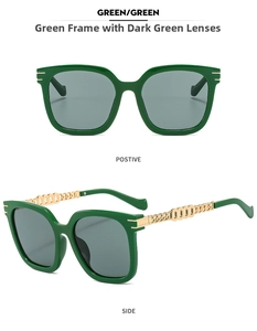 Detail of oversized green sunglasses with gold chain temples in front and side view