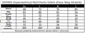 Detaillierte Größentabelle für Damen asymmetrische Skorts mit genauen Maßangaben