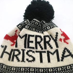 Winter festive jacquard knitted Christmas hat with pompom and Merry Christmas text