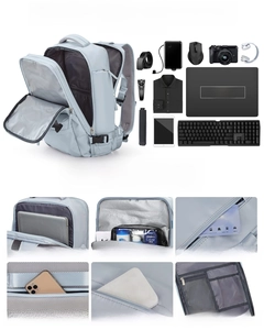 Detalle de mochila de viaje multibolsillo con compartimento para laptop y húmedo