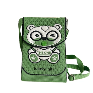 Green knit mini crossbody bag featuring a cute cartoon panda motif and lovely girl text