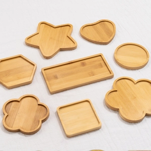 Natural bamboo wooden coasters set with star, heart, hexagon and round shapes for DIY crafts