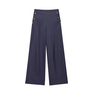 Pantalon large en mélange de lin bleu marine avec taille haute et boutons dorés décoratifs