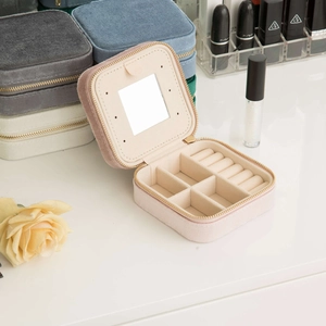 Portable velvet jewelry storage box with mirror and travel zipper closure in multiple colors