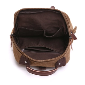 Fashion canvas travel backpack with deep brown exterior and organized interior compartments