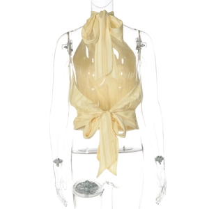 Detail of light yellow striped halter top with elegant bow ties on a 3D mannequin