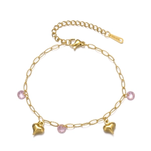 18K gold plated stainless steel bracelet with pink zircon and heart pendant on white back