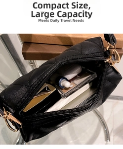 Close-up of black quilted pillow bag showing large capacity for phone and cosmetics